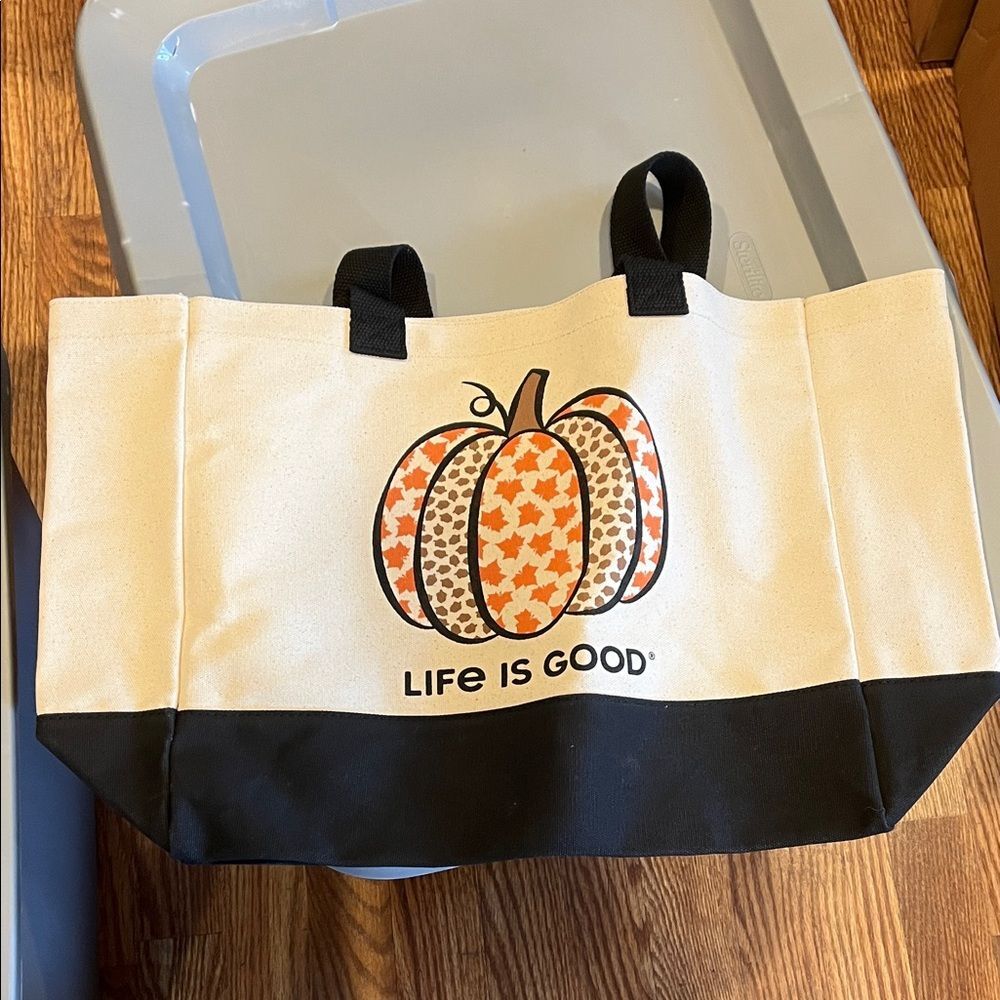 Life Is Good Cream and Black Pumpkin Tote